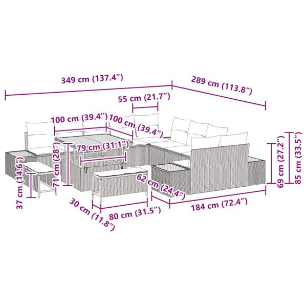 13-teiliges Garten Sofa Set mit Kissen Beige Poly Rattan Akazie, 3-teiliges Garten Essset mit Kissen Beige Poly Rattan Akazie