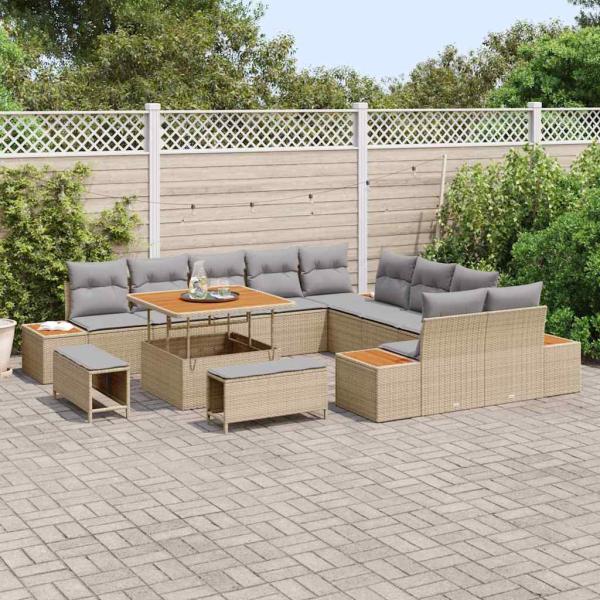 13-teiliges Garten Sofa Set mit Kissen Beige Poly Rattan Akazie, 3-teiliges Garten Essset mit Kissen Beige Poly Rattan Akazie