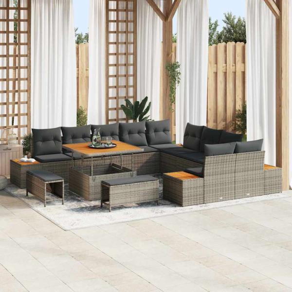 ARDEBO.de - 13-teiliges Garten Sofa Set mit Kissen Grau Poly Rattan Akazie, 3-teiliges Garten Esszimmer Set mit Kissen Grau Poly Rattan Akazie
