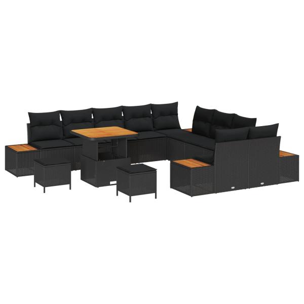 ARDEBO.de - 13-teiliges Garten Sofa Set mit Kissen Schwarz Poly-Rattan Akazie, 3-teiliges Garten Esszimmer Set mit Kissen Schwarz Poly-Rattan Akazie