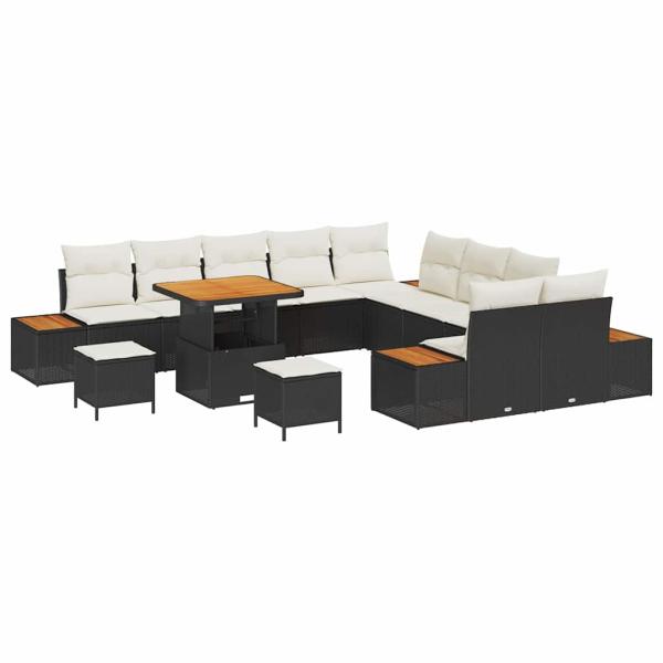 13-teiliges Garten Sofa Set mit Kissen Schwarz Poly Rattan Akazie, 3-teiliges Garten Essset mit Kissen Schwarz Poly Rattan Akazie