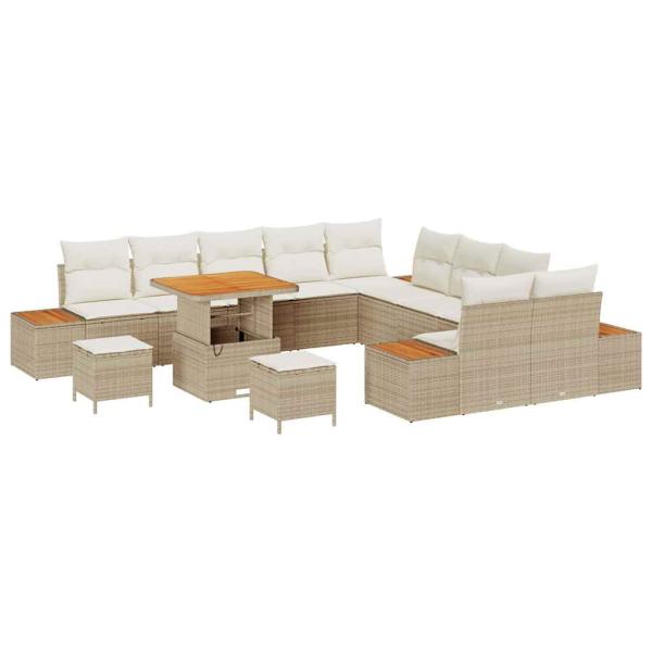 13-teiliges Garten Sofa Set mit Kissen Beige Poly Rattan Akazie, 3-teiliges Garten Essset mit Kissen Beige Poly Rattan Akazie