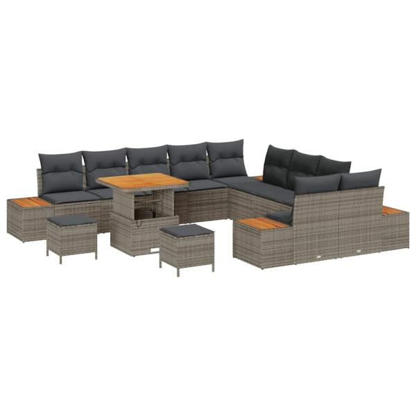 ARDEBO.de - 13-teiliges Garten Sofa Set mit Kissen Grau Poly Rattan Akazie, 3-teiliges Garten Esszimmer Set mit Kissen Grau Poly Rattan Akazie