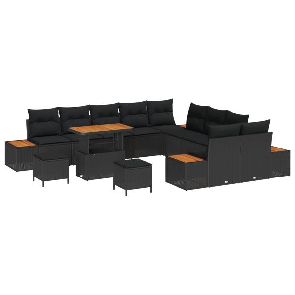 ARDEBO.de - 13-teiliges Garten Sofa Set mit Kissen Schwarz Poly-Rattan Akazie, 3-teiliges Garten Essset mit Kissen Schwarz Poly-Rattan Akazie