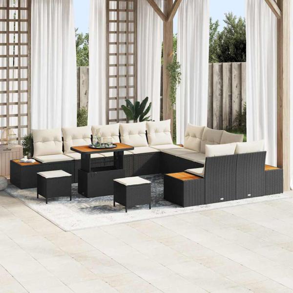 ARDEBO.de - 13-teiliges Garten-Sofa-Set mit Kissen Schwarz Poly-Rattan Akazie, 3-teiliges Garten-Dining-Set mit Kissen Schwarz Poly-Rattan Akazie