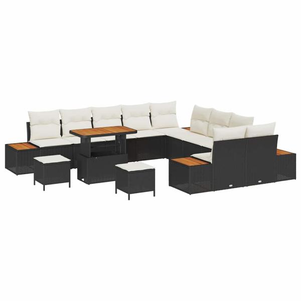 13-teiliges Garten-Sofa-Set mit Kissen Schwarz Poly-Rattan Akazie, 3-teiliges Garten-Dining-Set mit Kissen Schwarz Poly-Rattan Akazie