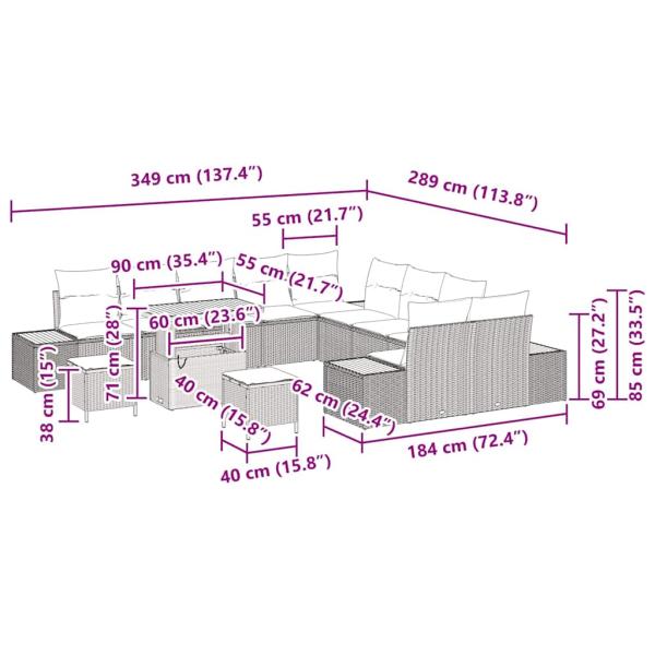 13-teiliges Garten-Sofa-Set mit Kissen Schwarz Poly-Rattan Akazie, 3-teiliges Garten-Dining-Set mit Kissen Schwarz Poly-Rattan Akazie