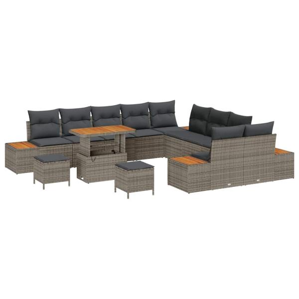 13-teiliges Garten-Sofa-Set mit Kissen Grau Poly Rattan Akazie, 3-teiliges Garten-Dining-Set mit Kissen Grau Poly Rattan Akazie