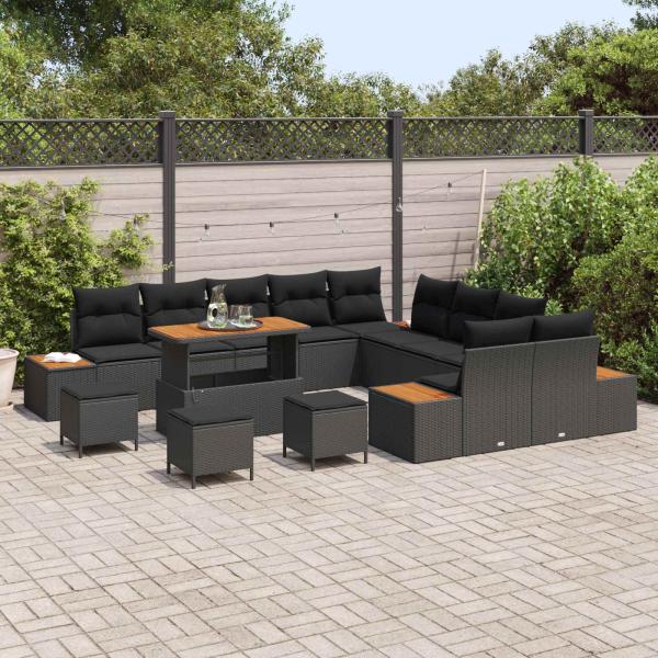 14-teiliges Garten-Sofa-Set mit Kissen Schwarz Poly-Rattan Akazie, 4-teiliges Garten-Esszimmer-Set mit Kissen Schwarz Poly-Rattan Akazie