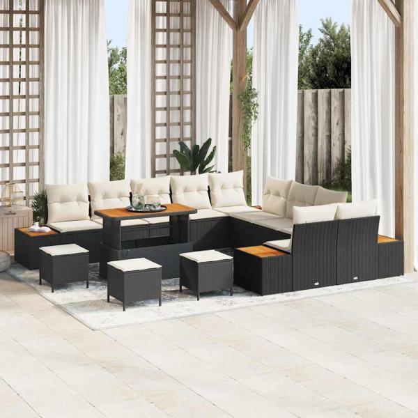 ARDEBO.de - 14-teiliges Garten Sofa Set mit Kissen Schwarz Poly Rattan Akazie, 4-teiliges Garten Esszimmer Set mit Kissen Schwarz Poly Rattan Akazie