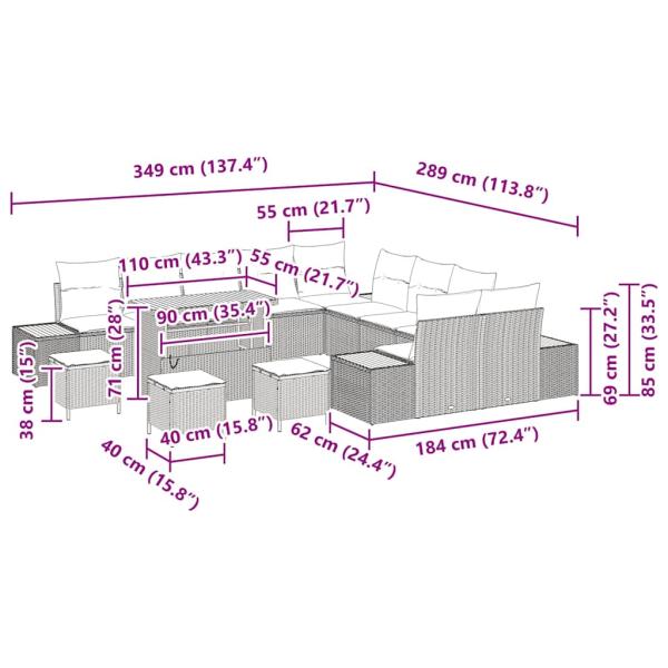 14-teiliges Garten Sofa Set mit Kissen Schwarz Poly Rattan Akazie, 4-teiliges Garten Esszimmer Set mit Kissen Schwarz Poly Rattan Akazie