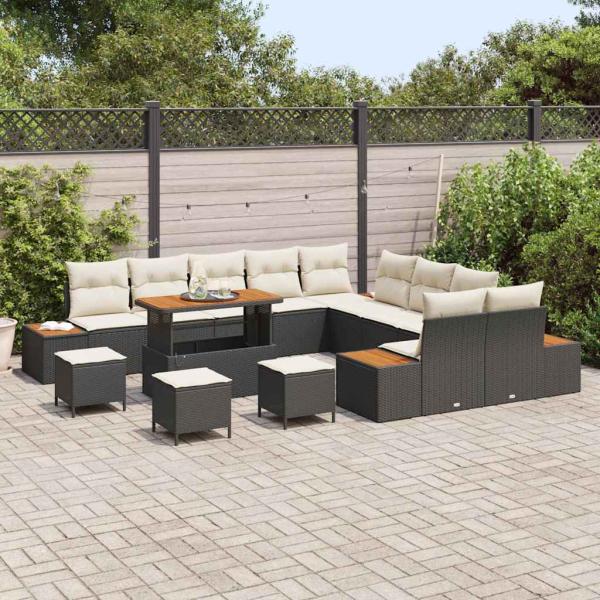 14-teiliges Garten Sofa Set mit Kissen Schwarz Poly Rattan Akazie, 4-teiliges Garten Esszimmer Set mit Kissen Schwarz Poly Rattan Akazie