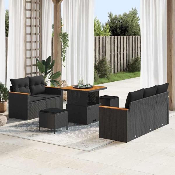 ARDEBO.de - 8-teiliges Garten-Sofa-Set mit Kissen, schwarzes Poly-Rattan, Akazie, 3-teiliges Garten-Ess-Set mit Kissen, schwarzes Poly-Rattan, Akazie
