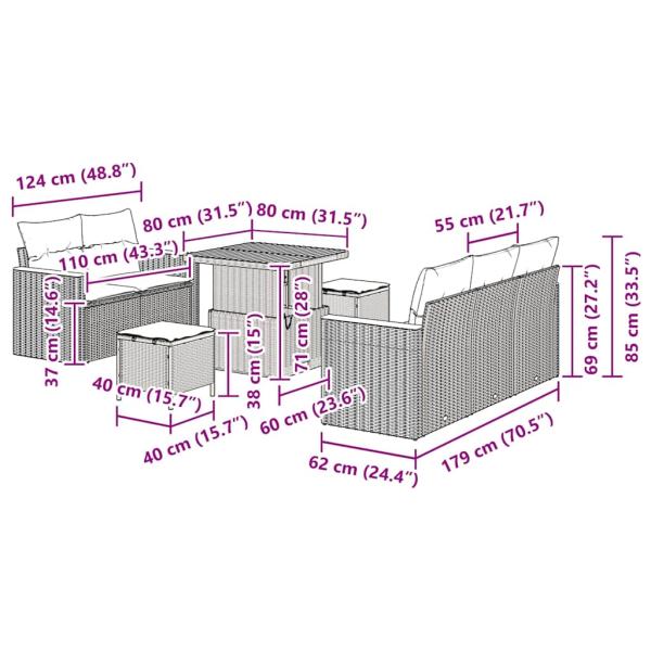 8-teiliges Garten Sofa Set mit Kissen Schwarz Poly Rattan Akazie, 3-teiliges Garten Essset mit Kissen Schwarz Poly Rattan Akazie