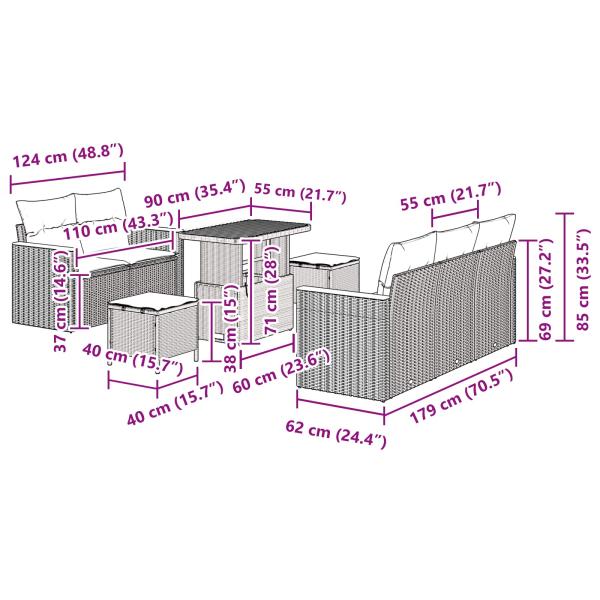 8-teiliges Garten Sofa Set mit Kissen Schwarz Poly Rattan Akazie, 3-teiliges Garten Essset mit Kissen Schwarz Poly Rattan Akazie