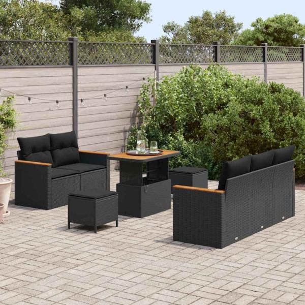 8-teiliges Garten Sofa Set mit Kissen Schwarz Poly Rattan Akazie, 3-teiliges Garten Essset mit Kissen Schwarz Poly Rattan Akazie
