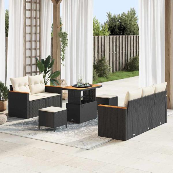 ARDEBO.de - 8-teilige Garten Sofa Set mit Kissen Schwarz Poly Rattan Akazie, 3-teilige Garten Essgruppe mit Kissen Schwarz Poly Rattan Akazie