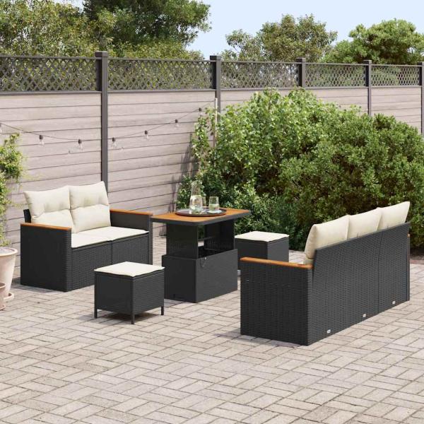 8-teilige Garten Sofa Set mit Kissen Schwarz Poly Rattan Akazie, 3-teilige Garten Essgruppe mit Kissen Schwarz Poly Rattan Akazie