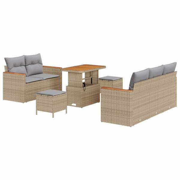 8-teiliges Garten Sofa Set mit Kissen Beige Poly-Rattan Akazie, 3-teiliges Garten Essgruppe mit Kissen Beige Poly-Rattan Akazie