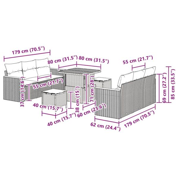 9-teiliges Garten Sofa Set mit Kissen Schwarz Poly Rattan Akazie, 3-teiliges Garten Essset mit Kissen Schwarz Poly Rattan Akazie