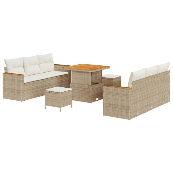 ARDEBO.de - 9-teiliges Garten Sofa Set mit Kissen Beige Poly Rattan Akazie, 3-teiliges Garten Esse Set mit Kissen Beige Poly Rattan Akazie