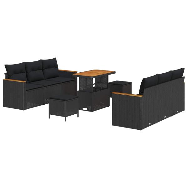 ARDEBO.de - 9-teiliges Garten Sofa Set mit Kissen Schwarz Poly Rattan Akazie, 3-teiliges Garten Esszimmer Set mit Kissen Schwarz Poly Rattan Akazie