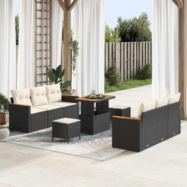 ARDEBO.de - 9-teiliges Garten-Sofa-Set mit Kissen in Schwarz Poly-Rattan Akazie, 3-teiliges Garten-Dining-Set mit Kissen in Schwarz Poly-Rattan Akazie