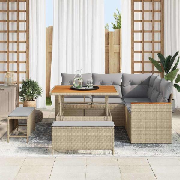 8-teiliges Garten-Sofa-Set mit Kissen Beige Poly-Rattan-Akazie, 3-teiliges Garten-Dining-Set mit Kissen Beige Poly-Rattan-Akazie