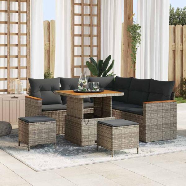 ARDEBO.de - 8-teiliges Garten Sofa Set mit Kissen Grau Poly Rattan Akazie, 3-teiliges Garten Esstisch Set mit Kissen Grau Poly Rattan Akazie