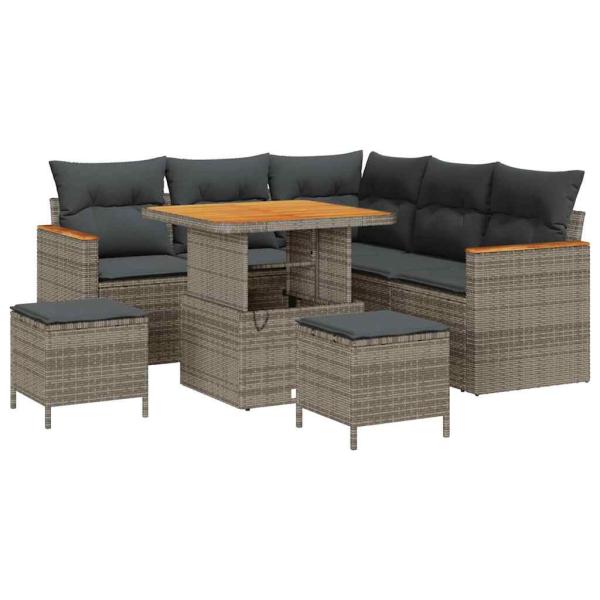8-teiliges Garten Sofa Set mit Kissen Grau Poly Rattan Akazie, 3-teiliges Garten Esstisch Set mit Kissen Grau Poly Rattan Akazie