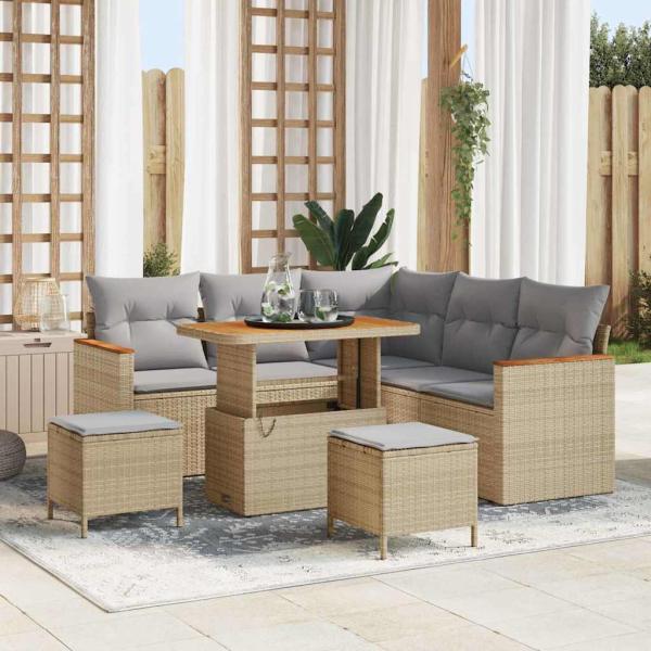 ARDEBO.de - 8-teiliges Garten Sofaset mit Kissen Beige Poly Rattan Akazie, 3-teiliges Garten Essset mit Kissen Beige Poly Rattan Akazie