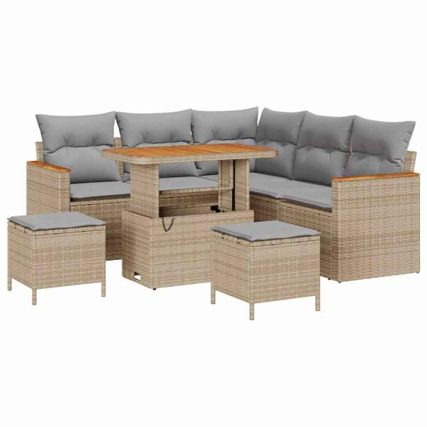 8-teiliges Garten Sofaset mit Kissen Beige Poly Rattan Akazie, 3-teiliges Garten Essset mit Kissen Beige Poly Rattan Akazie
