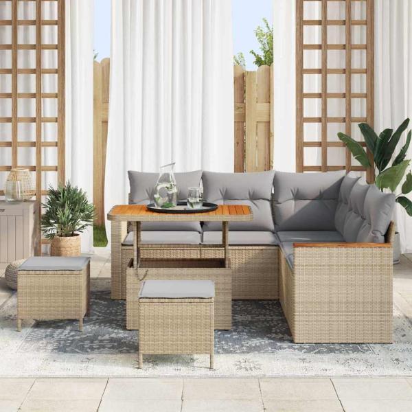 8-teiliges Garten Sofaset mit Kissen Beige Poly Rattan Akazie, 3-teiliges Garten Essset mit Kissen Beige Poly Rattan Akazie