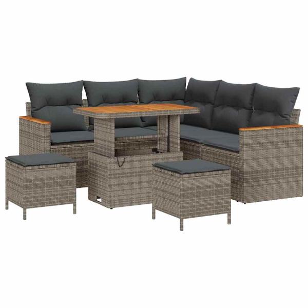 ARDEBO.de - 8-teiliges Garten Sofa Set mit Kissen Grau Poly Rattan Akazie, 3-teiliges Garten EssSet mit Kissen Grau Poly Rattan Akazie