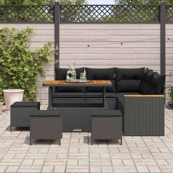 9-teiliges Garten Sofa Set mit Kissen Schwarz Poly Rattan Akazie, 4-teiliges Garten EssSet mit Kissen Schwarz Poly Rattan Akazie