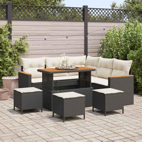 ARDEBO.de - 9-teiliges Garten Sofa Set mit Kissen Schwarz Poly Rattan Akazie, 4-teiliges Garten Esszimmer Set mit Kissen Schwarz Poly Rattan Akazie