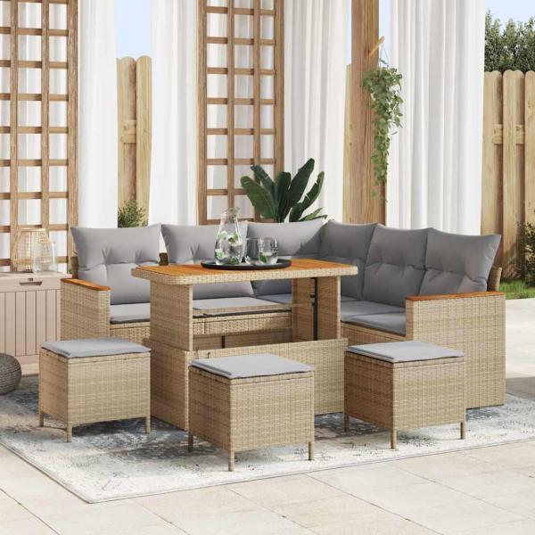 ARDEBO.de - 9-teiliges Garten-Sofa-Set mit Kissen Beige Poly Rattan Akazie, 4-teiliges Garten-Dining-Set mit Kissen Beige Poly Rattan Akazie