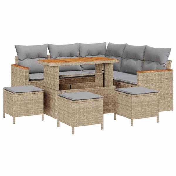 9-teiliges Garten-Sofa-Set mit Kissen Beige Poly Rattan Akazie, 4-teiliges Garten-Dining-Set mit Kissen Beige Poly Rattan Akazie