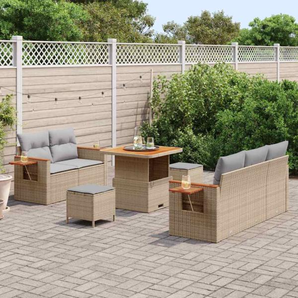 8-teiliges Garten Sofa Set mit Kissen aus beigem Poly-Rattan, 3-teiliges Garten Esszimmer Set mit Kissen aus beigem Poly-Rattan