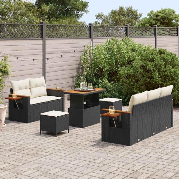 8-teiliges Garten-Sofa-Set mit Kissen Schwarz Poly-Rattan Akazie, 3-teiliges Garten-Dining-Set mit Kissen Schwarz Poly-Rattan Akazie