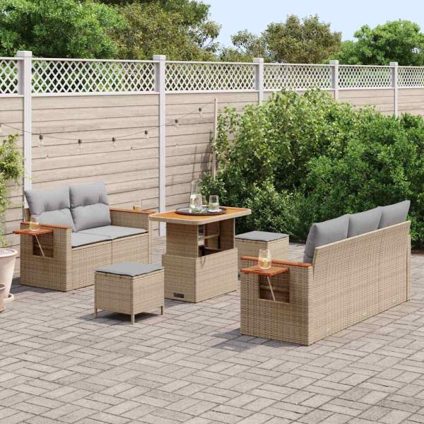 ARDEBO.de - 8-teiliges Garten-Sofaset mit Kissen Beige Poly-Rattan Akazie, 3-teiliges Garten-Ess-Set mit Kissen Beige Poly-Rattan Akazie