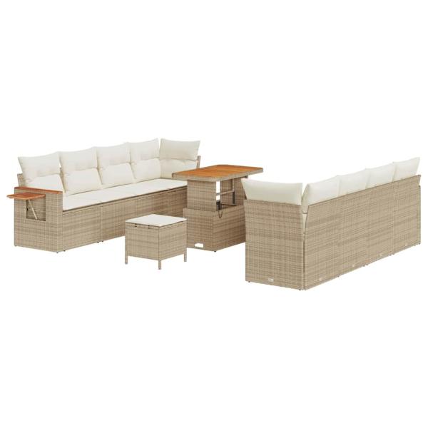 11-teiliges Garten Sofa Set mit Kissen Beige Poly-Rattan Akazie, 3-teiliges Garten Essset mit Kissen Beige Poly-Rattan Akazie