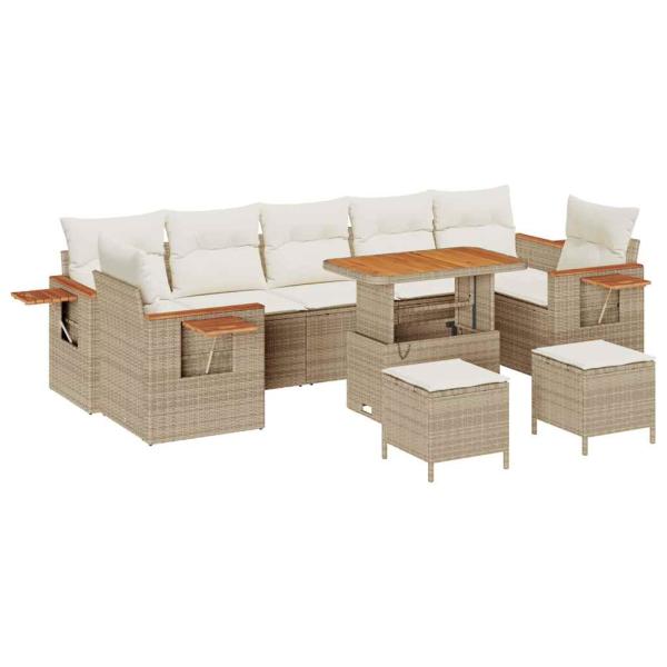 ARDEBO.de - 10-teiliges Garten Sofaset mit Kissen Beige Poly Rattan Akazie, 3-teiliges Garten Essset mit Kissen Beige Poly Rattan Akazie
