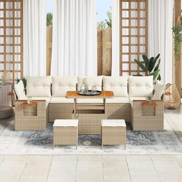 10-teiliges Garten Sofaset mit Kissen Beige Poly Rattan Akazie, 3-teiliges Garten Essset mit Kissen Beige Poly Rattan Akazie