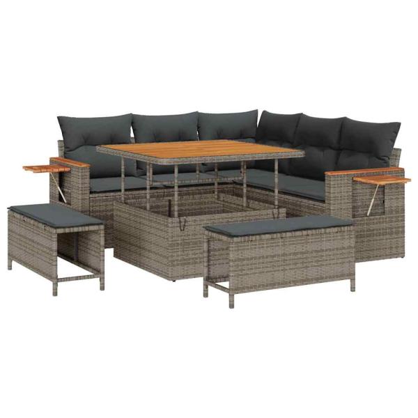 8-teiliges Garten Sofa Set mit Kissen Grau Poly Rattan Akazie, 3-teiliges Garten Essenset mit Kissen Grau Poly Rattan Akazie