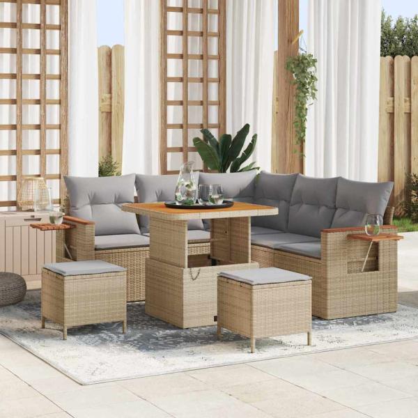 ARDEBO.de - 8-teiliges Garten-Sofa-Set mit Kissen Beige Poly Rattan Akazie, 3-teiliges Garten-Ess-Set mit Kissen Beige Poly Rattan Akazie