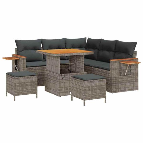 8-teiliges Garten Sofaset mit Kissen Grau Poly Rattan Akazie, 3-teiliges Garten Esstischset mit Kissen Grau Poly Rattan Akazie