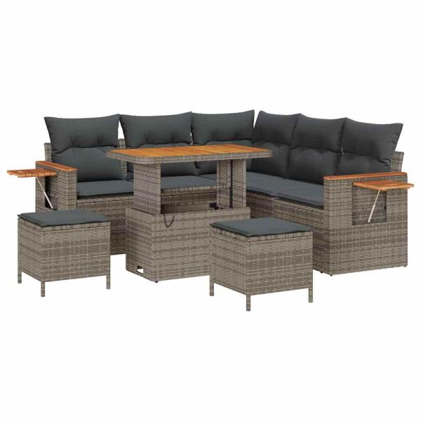 8-teilige Garten-Sofa-Set mit Kissen Grau Poly-Rattan Akazie, 3-teiliges Garten-Essset mit Kissen Grau Poly-Rattan Akazie