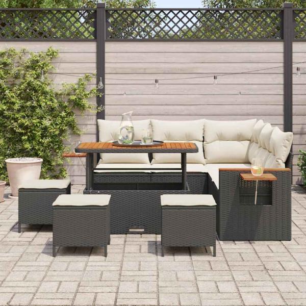 9-teilige Garten-Sofa-Set mit Kissen Schwarz Poly Rattan Akazie, 4-teilige Garten-Dining-Set mit Kissen Schwarz Poly Rattan Akazie