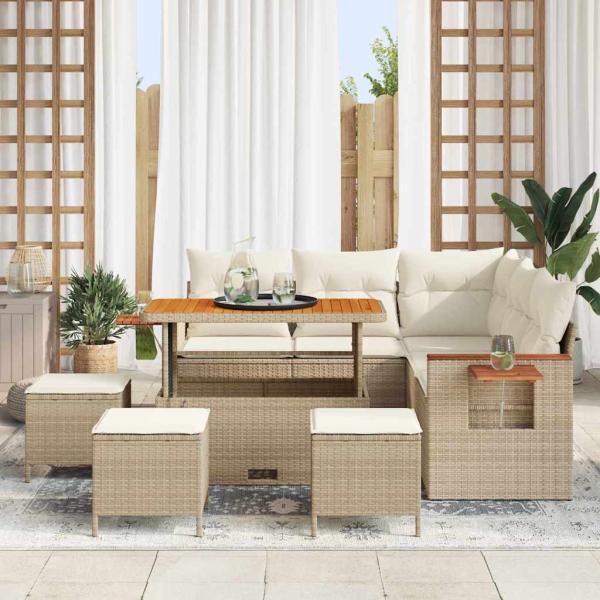 9-teiliges Gartensofa-Set mit Kissen Beige Poly-Rattan Akazie, 4-teiliges Garten-Dining-Set mit Kissen Beige Poly-Rattan Akazie